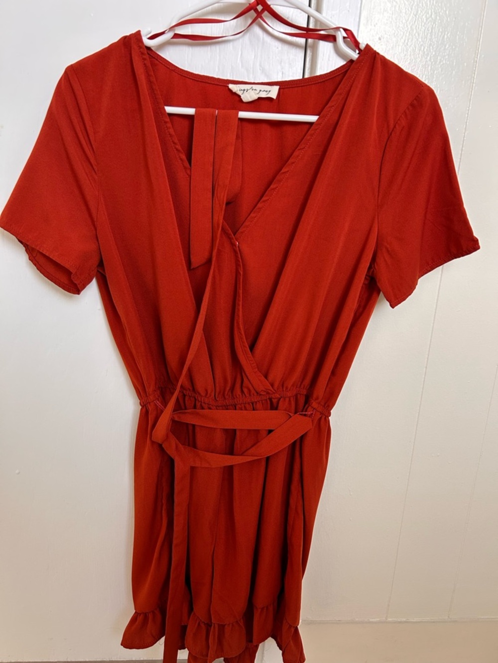 Kingston Rust-Red Wrap Mini Dress with Tie Waist